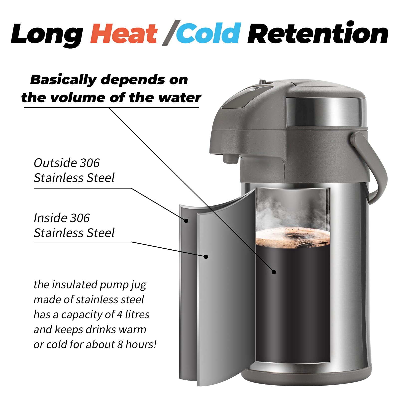 OJOJ 4L/133OZ Thermal Coffee Carafe with Pump, Thermal Beverage Dispenser, Coffee Airpot Stainless Steel Coffee Carafe for Hot Drinks Silver