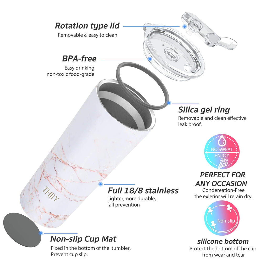 THILY Stainless Steel Vacuum Insulated Tumbler 26 oz Triple-Insulated Travel Mug with Splash-Proof Lid, for Iced Coffee and Hot Beverage, Gold Marble + Blue Marble