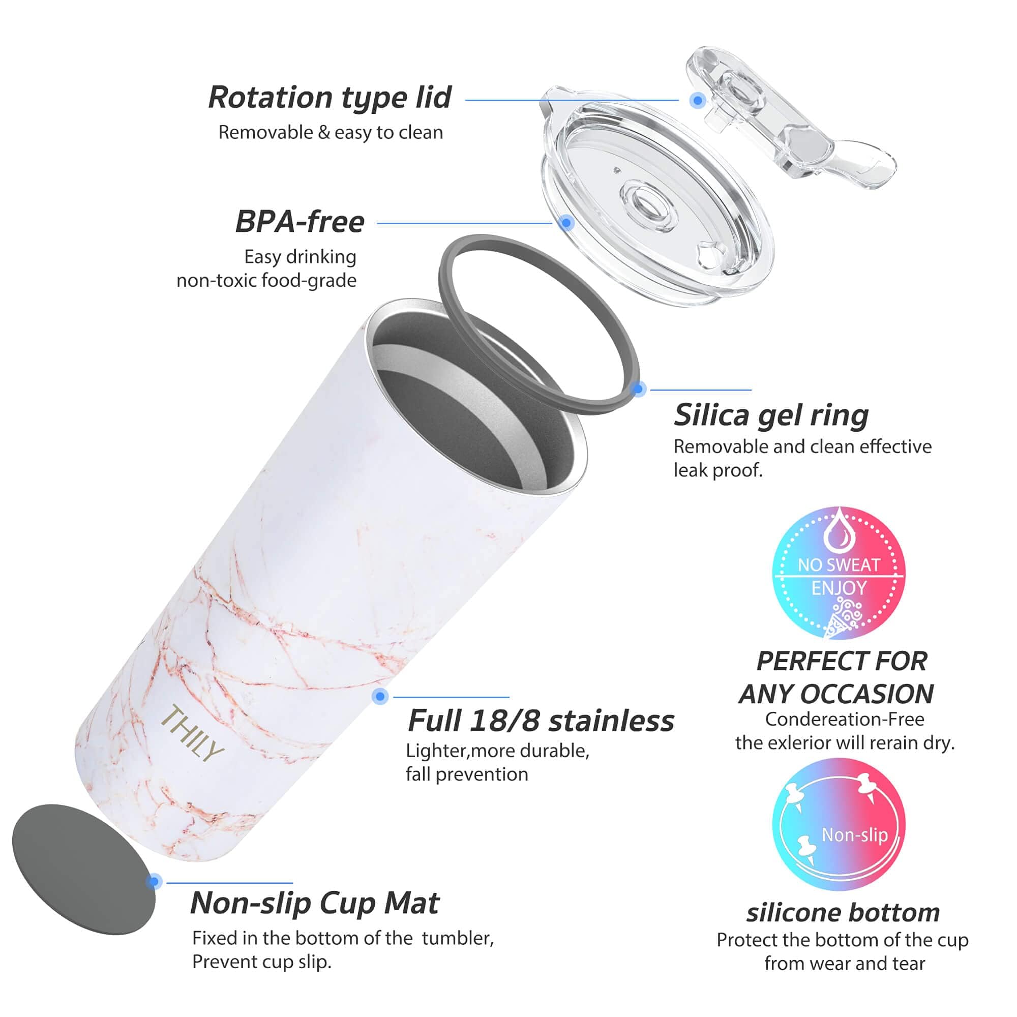 THILY Stainless Steel Vacuum Insulated Tumbler Travel Mug 26 oz Coffee Cup with 2 Lids and Straws, Splash Proof, Keep Ice Drinks Cold, Gold Marble