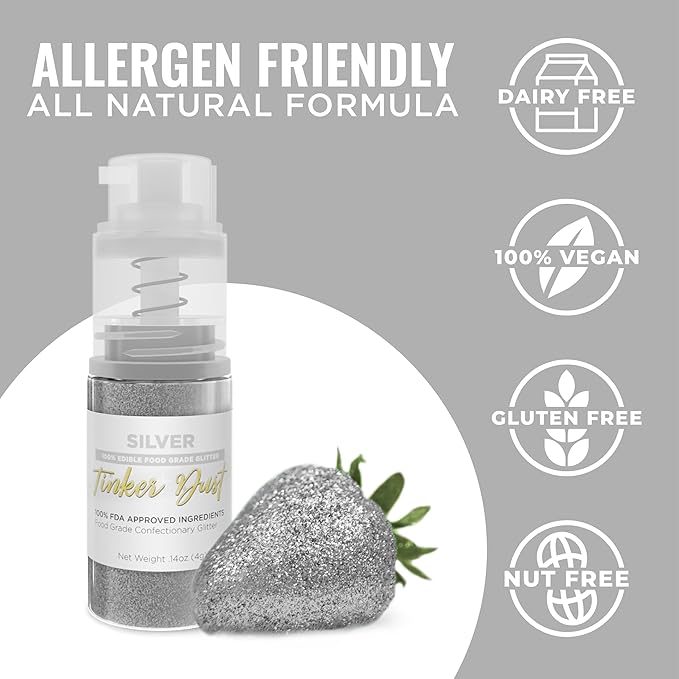 Bakell - Silver Tinker Dust (4g, 1x Mini Spray Pump) Edible Glitter for Food, Desserts, and Beverages!