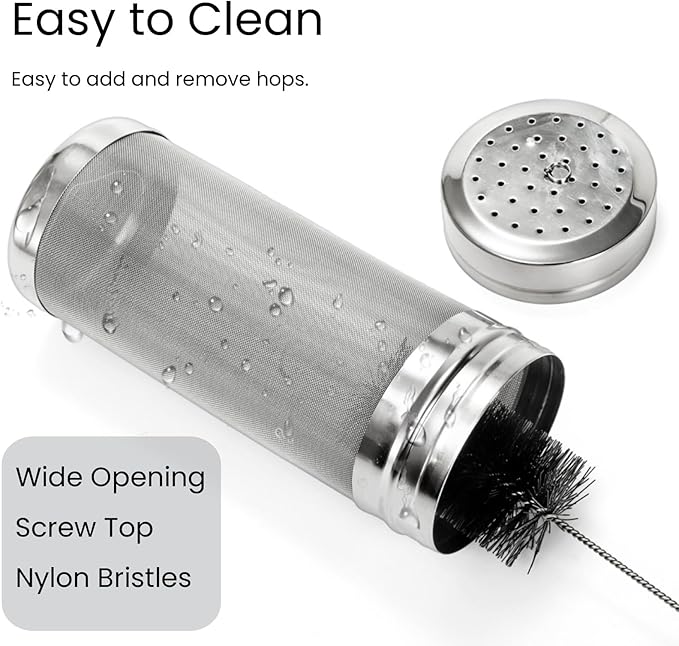 Tlence 2 Pack Beer Dry Hopper Filters, 2.8 x 7 inch 300 Micron Mesh Hop Strainer with Lid, Stainless Steel Beer Hop Spider with Nylon Bristles, Brewing Filters Straining Keg for Home Coffee Wine Juice
