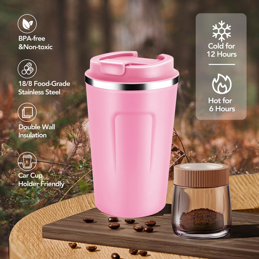Volhoply 12 oz Double Wall Insulated Vacuum Travel Coffee Mug with Flip Lid,Reusable Stainless Steel Leak Proof Coffee Cup,Portable Iced Cafe Thermal Tumbler Suitable for Hot & Cold Drinks(Pink,1 Set)