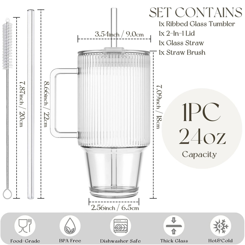 KEMORELA 24 Oz Ribbed Glass Tumblers with Lids and Straws, Tumbler Cup with Handle, Iced Coffee Glassware, Clear Reusable Drinkware for Smoothies and Beverages (1)