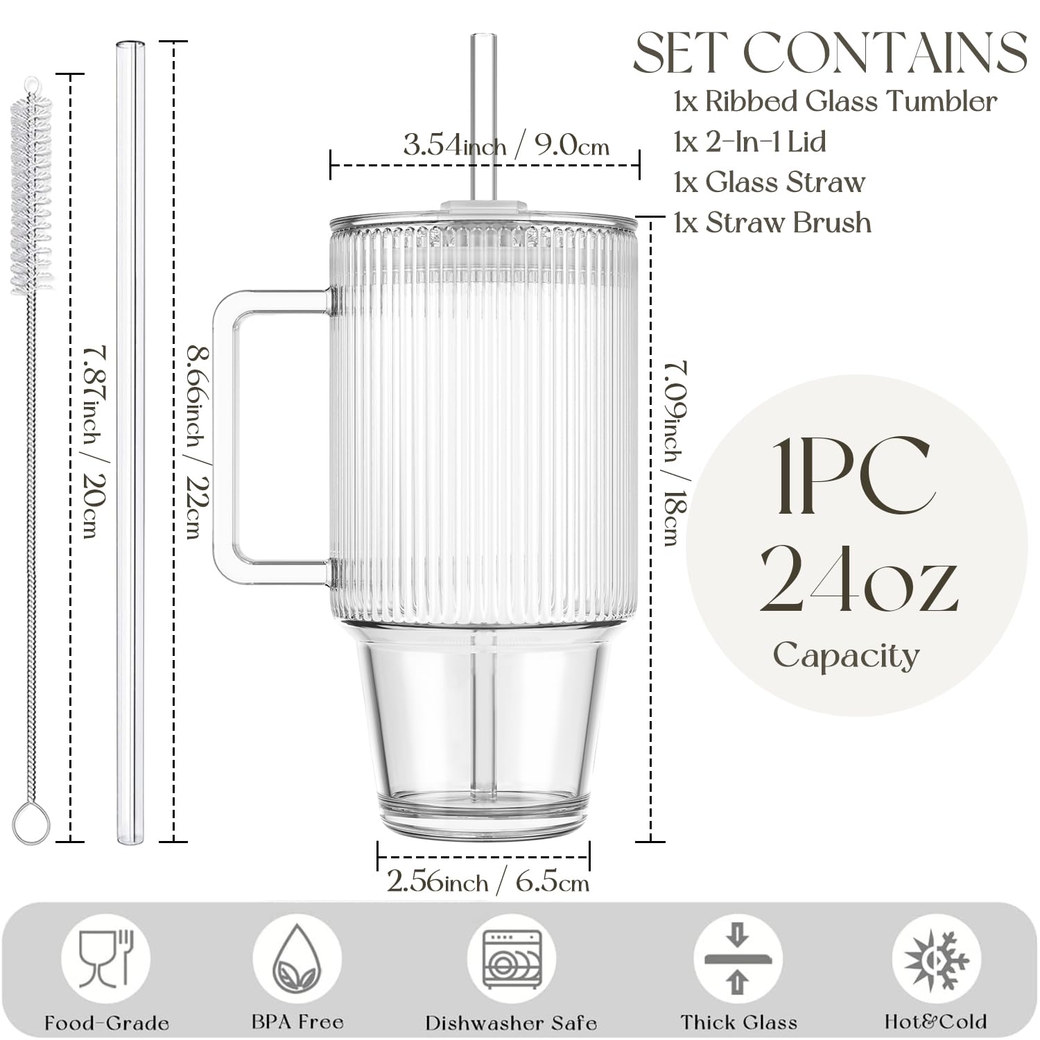 KEMORELA 24 Oz Ribbed Glass Tumblers with Lids and Straws, Tumbler Cup with Handle, Iced Coffee Glassware, Clear Reusable Drinkware for Smoothies and Beverages (1)