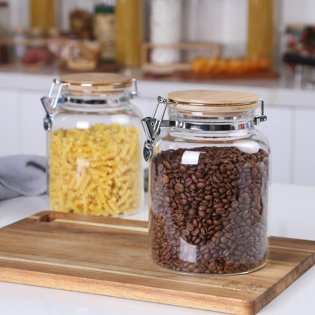 KKC HOME ACCENTS Borosilicate Glass Sealed Jars with Airtight Lid, Airtight Glass Food Storage Container with Locking Clamp Bamboo Lid for Loose Tea,Sugar,Cocoa,Coffee Canister,27 fl oz