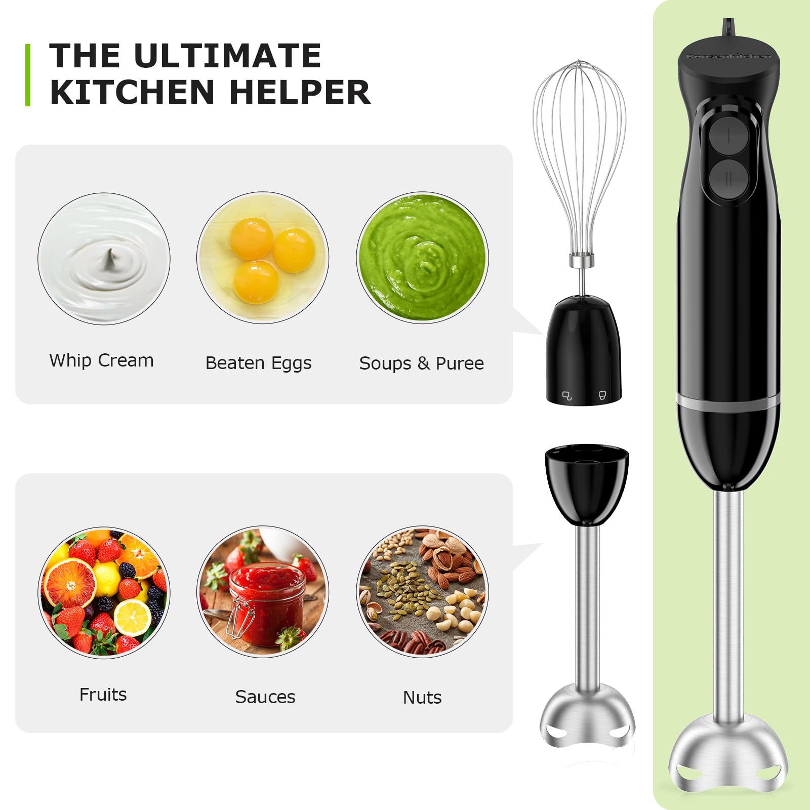 Bonsenkitchen 3-in-1 Immersion Blender Handheld with 2 Mixing Speed