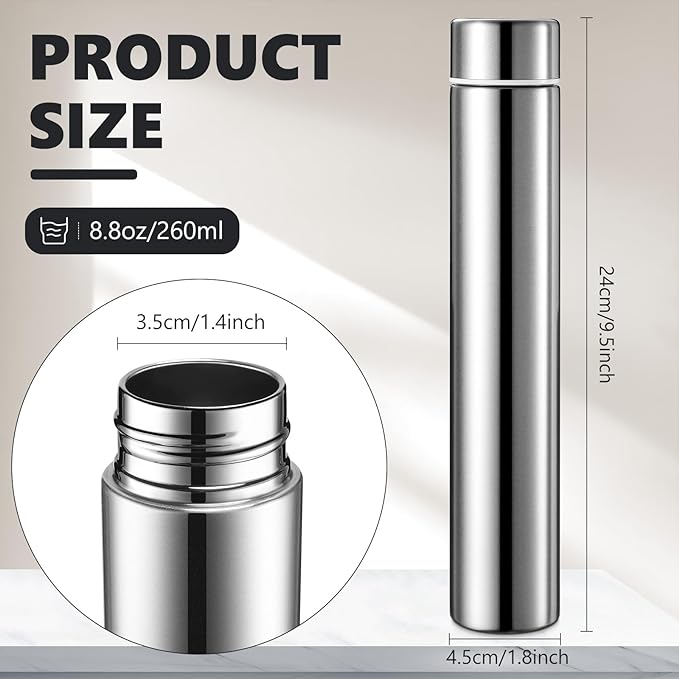 Vesici Slim Water Bottle 8.8 oz Small Stainless Steel Purse Compact Insulated Water Bottles Camping Travel Backpack Pocket Flask for Car Cold Coffee Tea(Silver,2 Pack)