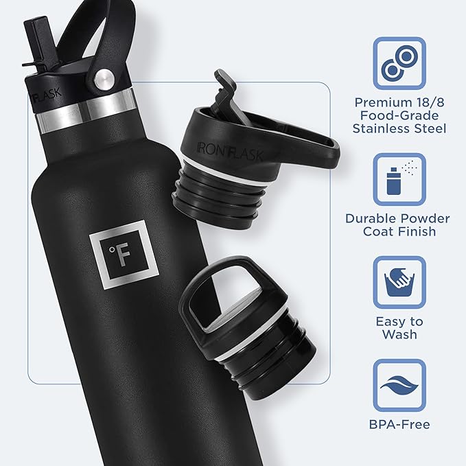 IRON °FLASK Camping & Hiking Hydration Canteens - 3 Lids (Narrow Straw Lid) Leak Proof Vacuum Insulated Stainless Steel - Hot & Cold Double Walled Sports Water Bottle - Lavender, 24 Oz
