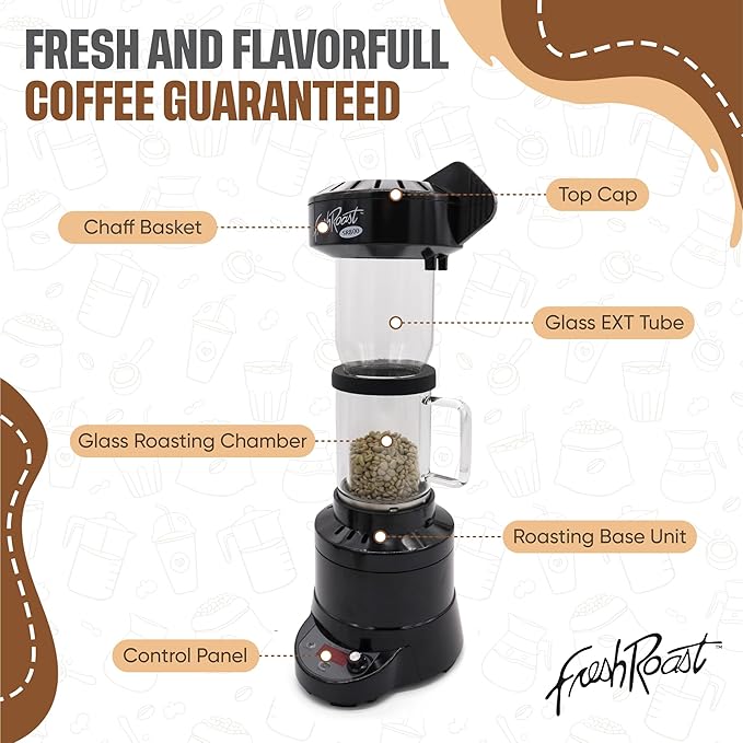 Fresh Roast Coffee Roaster Bundle SR800, Glass Extension Tube, Coffee Bean Cooler, (2 Lbs) Sample Pack of Green Beans, (2- pack) Sample trays
