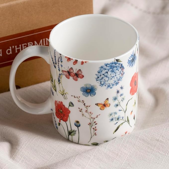 Maison d' Hermine Coffee Mug with Handles Fine Bone China Mugs Pack of Two Tea Cups for Hot Beverages Cappuccino Latte Home Restaurant Office Perfect for Gift (Just Floral, 15 Ounce)