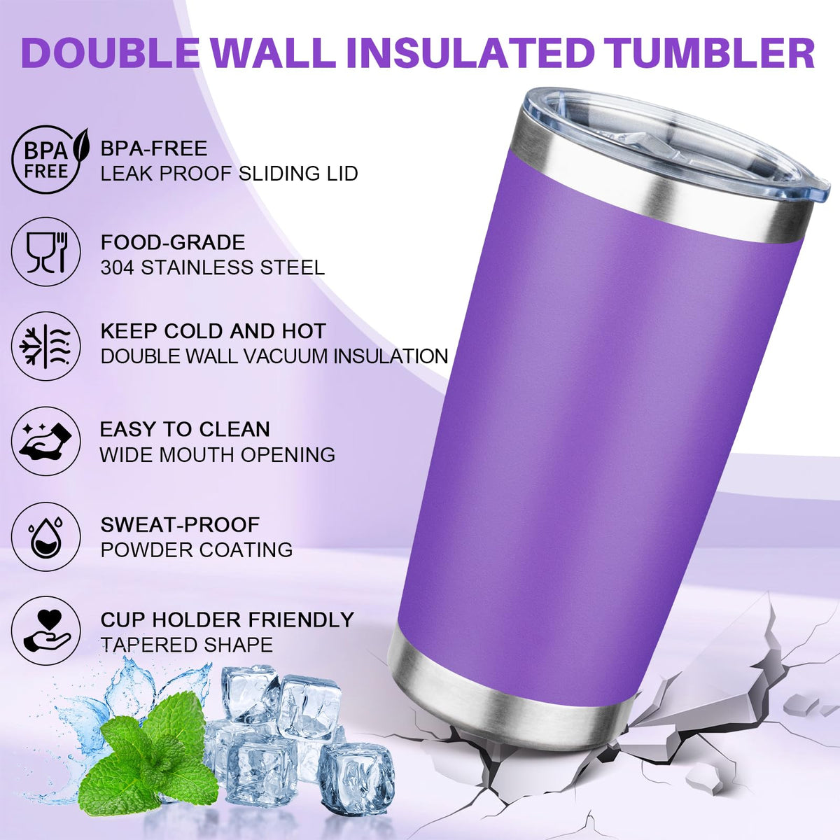 FLIFQI 20oz Tumbler with Lid Double Wall Vacuum Insulated Travel Coffee Mug Stainless Steel Thermal Cup Powder Coated Sturdy Coffee Tumbler for Hot and Cold Beverage (Purple,1)