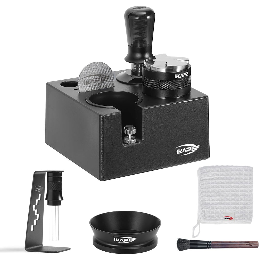 IKAPE 58mm Black Espresso Tool Set 8 IN 1, Coffee Tamper, Distributor, Magnetic Funnel, Puck Screen, Tamper Station, Stirrer Distribution Tool, Cleaning Towel and Brush
