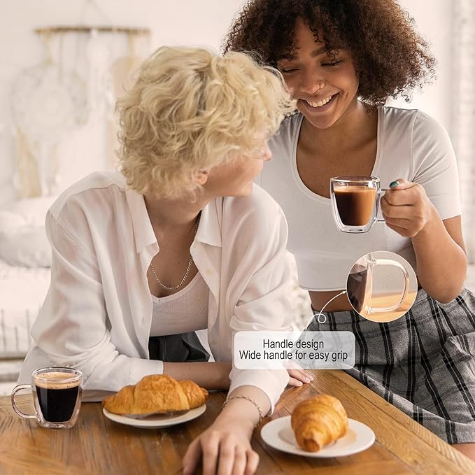 Espresso Cups Set of 4, Double Wall Hand Blown 5.5OZ Espresso Shots Glass, Coffee Mugs with Handle Perfect for Cappuccino, Latte, Tea