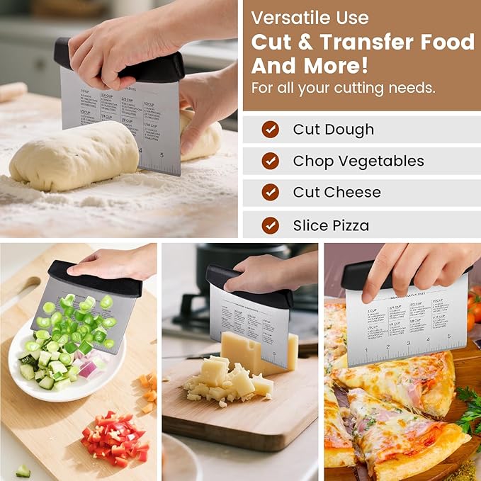 SCHVUBENR Premium Dough Scraper Set with 2 Flexible Bowl Scrapers - Stainless Steel Dough Cutter & Bench Scraper with Measuring Scale - Versatile Kitchen Scraper for Bread, Pastry, Pizza, Cake - Black