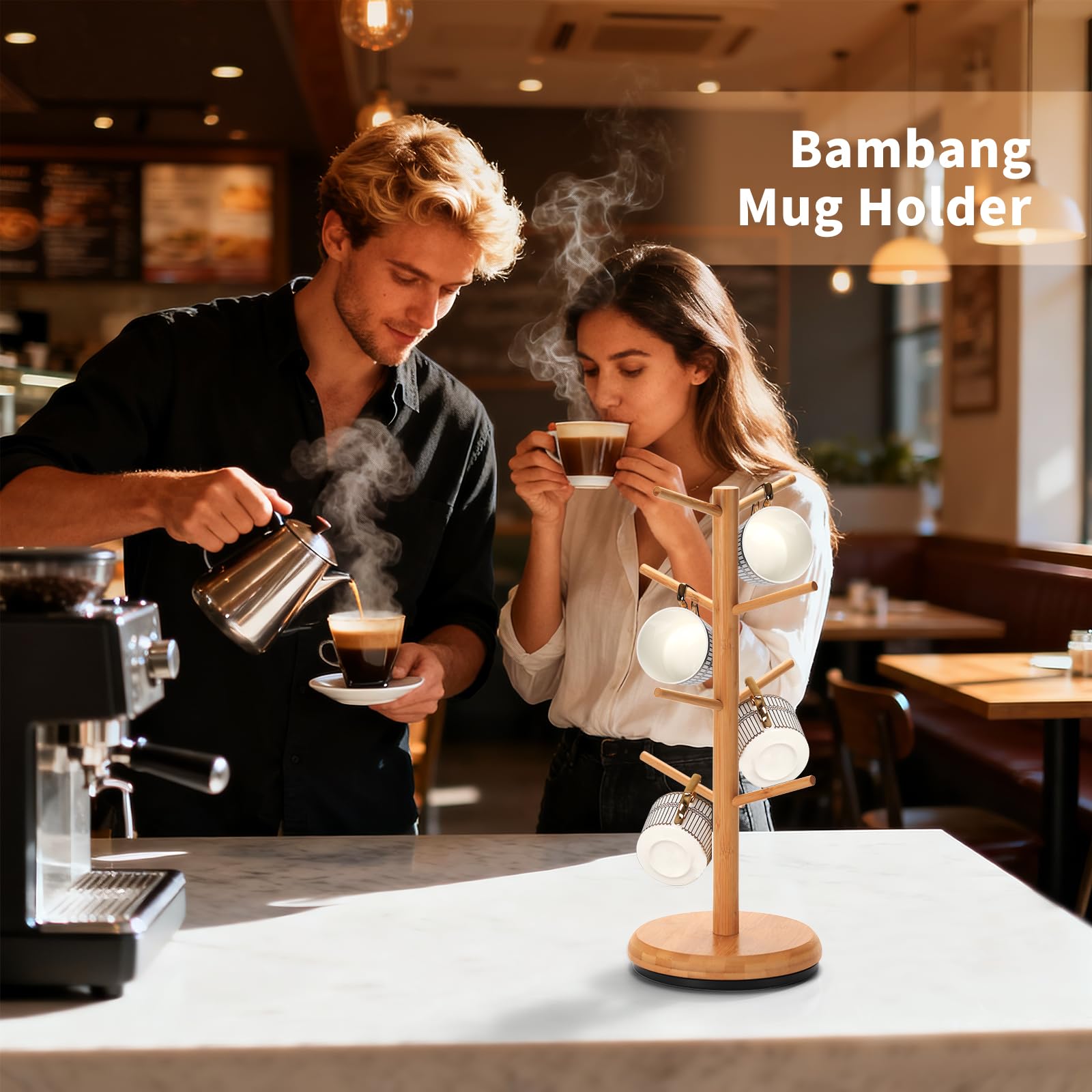 BAMBANG Mug Holder, 360° Rotating Mug Tree Holds 8 Coffee Cups, Space Saving Mug Rack with Stable Base for Kitchen Coffee Bar
