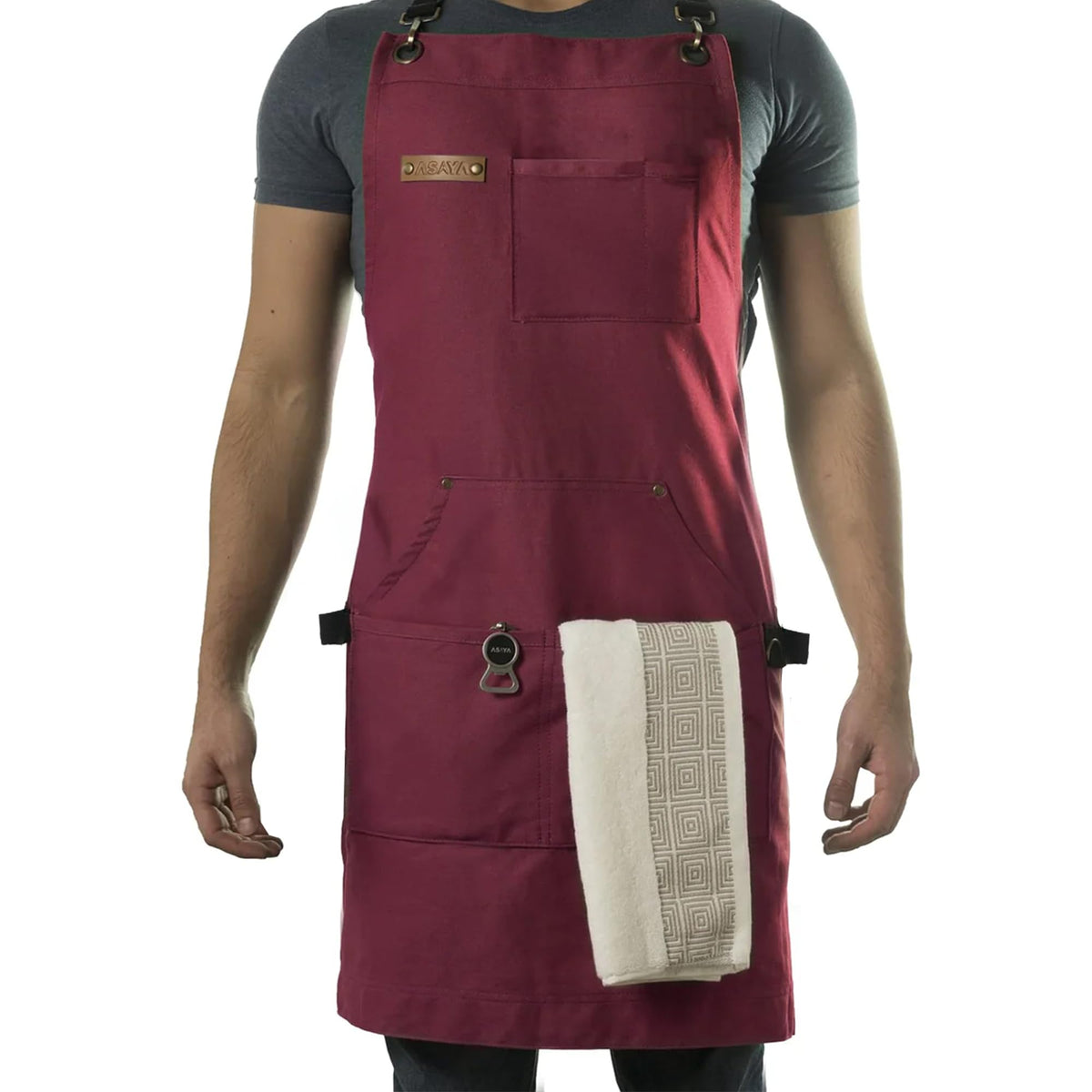 Asaya Chef & BBQ Apron with Pockets - Cross Back Canvas Cooking Apron for Women and Men, Adjustable Work & Grilling Aprons with Pocket, Bottle Opener and Hand Towel, 10oz Cotton Canvas (Red)