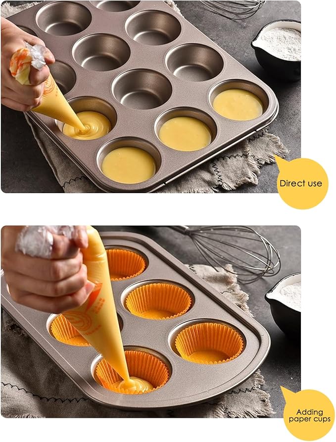 12-Cup Muffin Pan Tin for Baking, 2 Packs Nonstick Cupcake Pan Tin, Cup Cake Tray, Cheesecake Pans, Gold