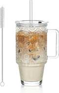 KEMORELA 24 Oz Glass Tumbler with Straw and Lid, Iced Coffee Cups with Lids, Smoothie Cup with Handle, Begonia Pattern Glassware for Cold Drinks, Reusable Tumbler for Beverages (1)