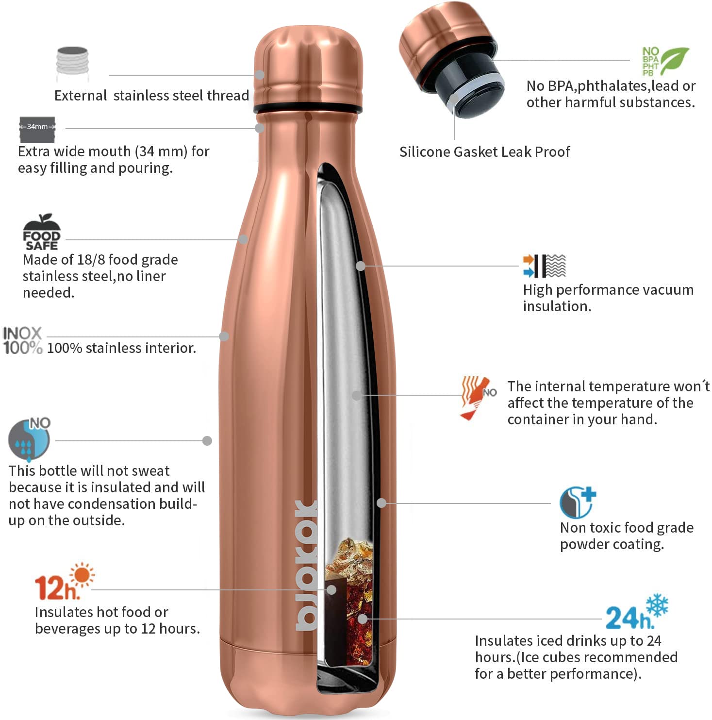 BJPKPK 17 oz Insulated Water Bottle, Stainless Steel Flask, Leak Proof