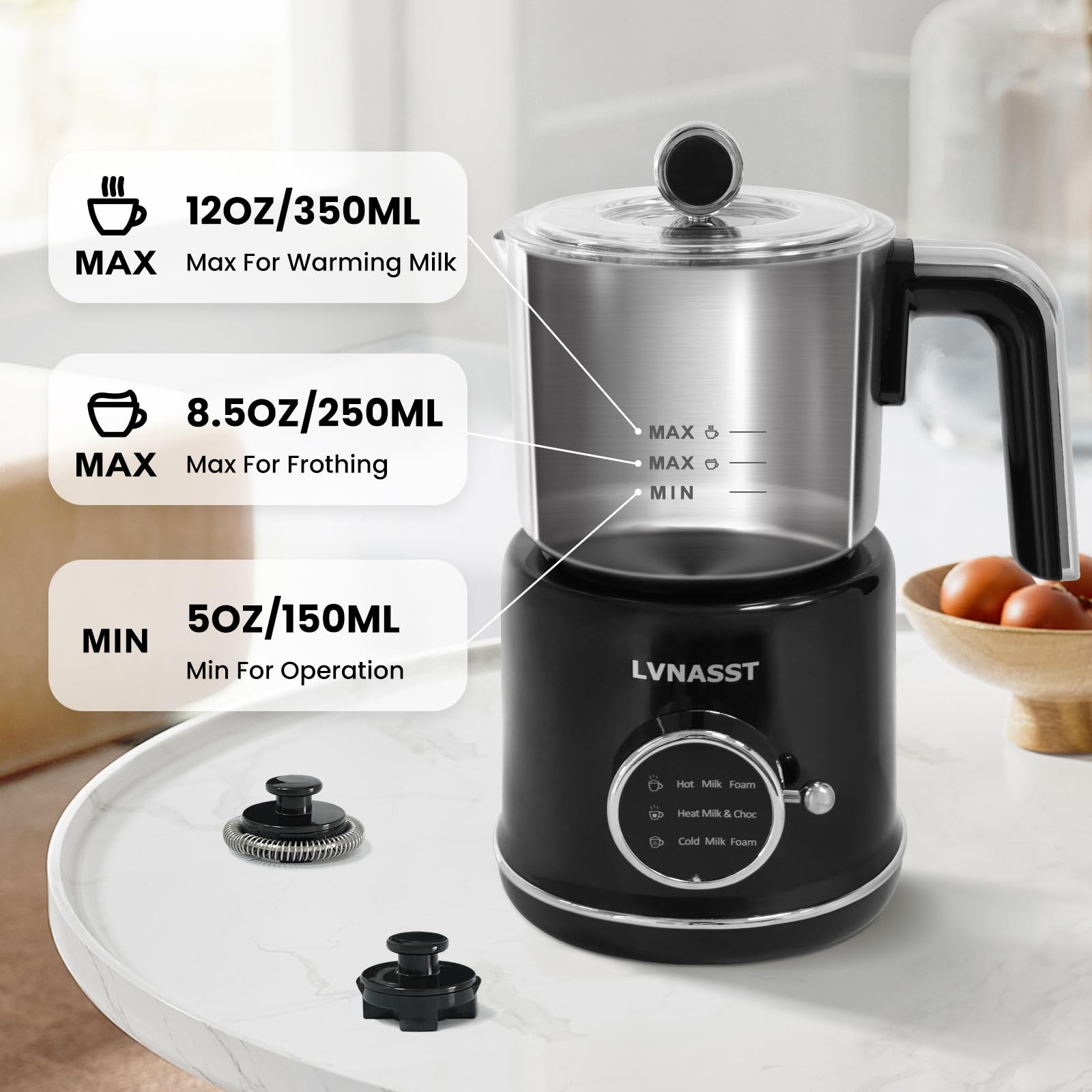 LVNASST Milk Frother Warmer 3in1 Electric Milk Steamer Stainless Steel Foam Maker, 12oz Hot Cold Frothing, Thick Foam for Macchiatos, Cappuccinos (Black)