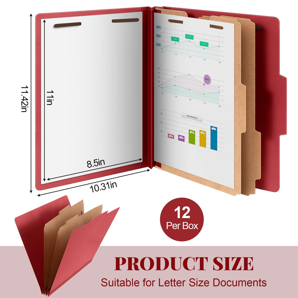 Skyygemm 12 Pcs Classification Folders Letter Size Bulk - 2 Dividers Pressboard File Folder with 3. 5 Inch Expansion, 2 Prongs Fastener, Heavy Duty Office File Organizer for Teacher Medical (Dark Red)