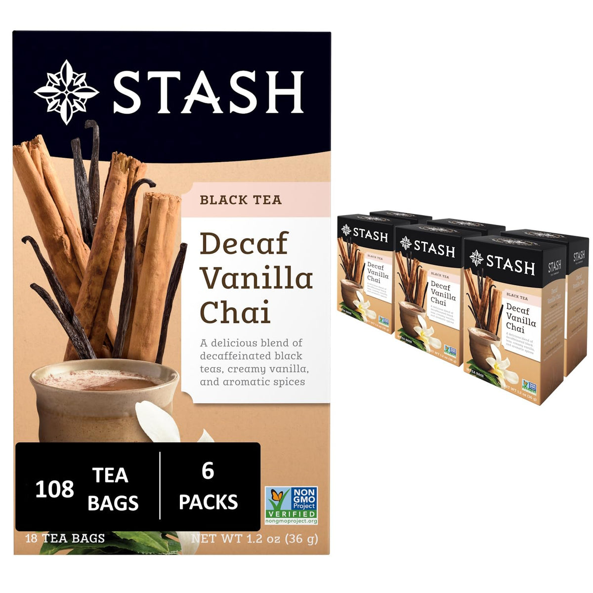 STASH Decaf Vanilla Chai Black Tea, 108 Bags (6 Boxes of 18), Decaffeinated