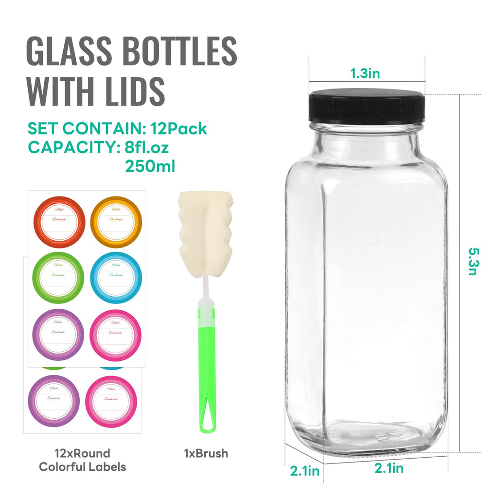 8 oz Glass Juice Bottles with Lids 12 Pack,Reusable Glass Drink Bottles