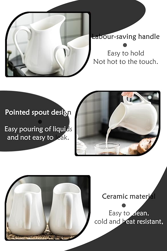 2 PCS Small Creamer Pitcher Set, 9 OZ Ceramics Creamer Pitcher with Handle for Farmhouse Kitchen Coffee Milk Sauces, White
