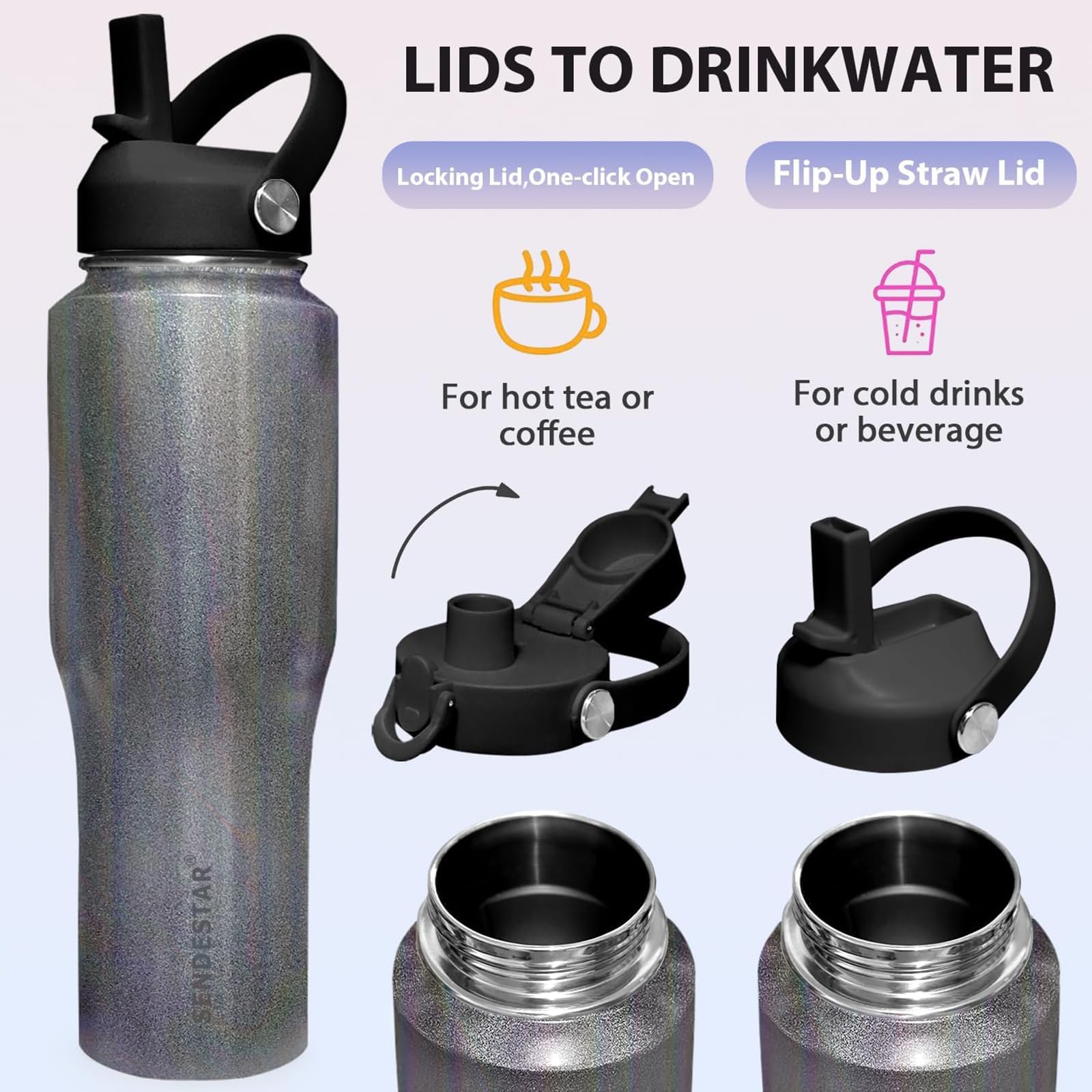 SENDESTAR Water Bottle,Wide Mouth Stainless Steel Vacuum Insulated Double Wall Keep Liquids Cold or Hot All Day,Sweat Proof Sport Design,Fit Car Cup Holder,Laser Grey,40,Ounces