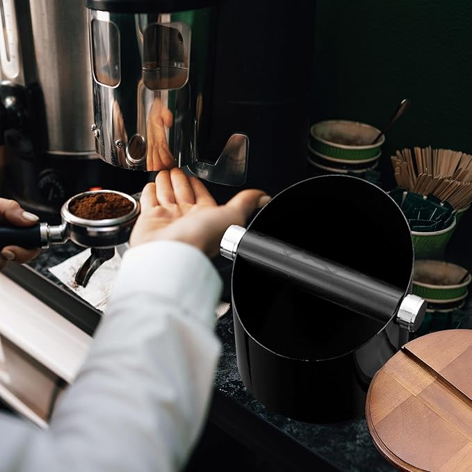 Reallnaive 5.3in Espresso Knock Box with Lid, Black, Round