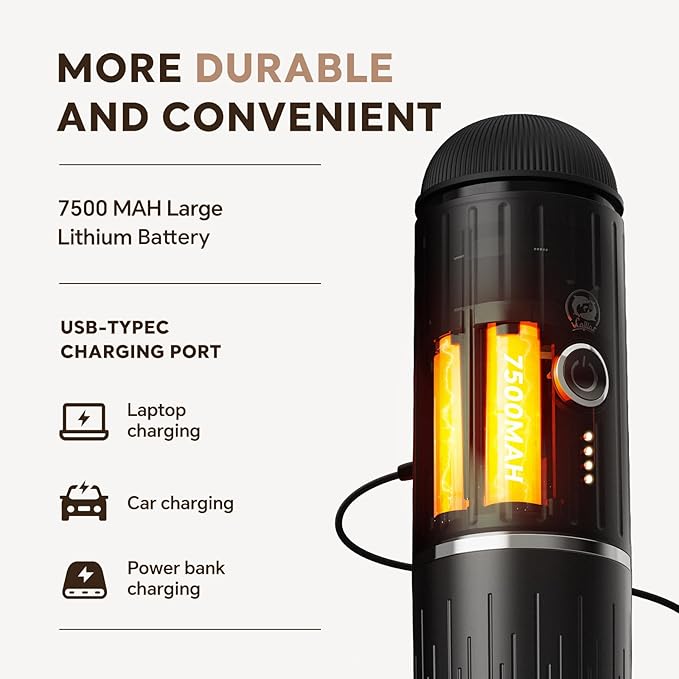 Rich Crema Portable Electric Espresso Coffee Maker, Fast self-heating 2 IN 1 Extraction System Espresso Machine,Support Ground Coffee and NS capsule, for Travel,Car,Hiking,Climbing（Black）