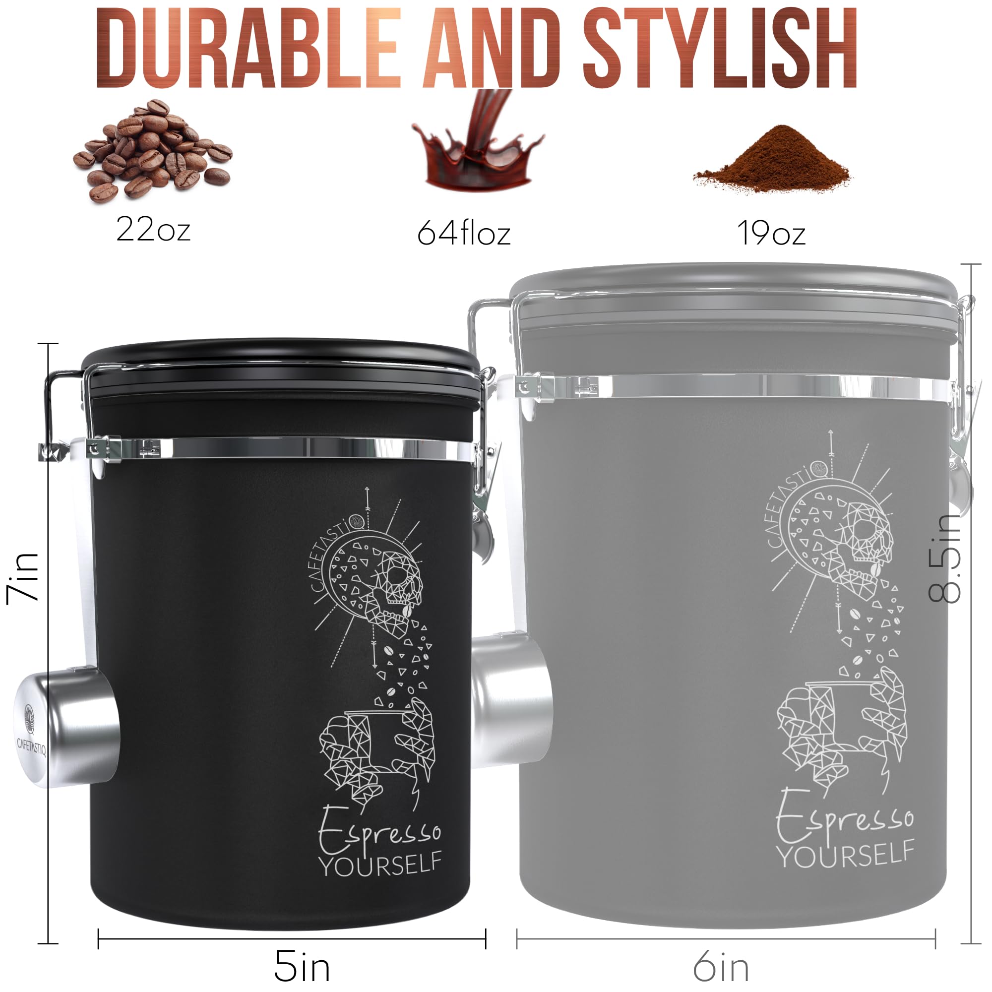 CafetastiQ Coffee Canister – Airtight Stainless Steel Storage Container with Date Tracker & Scoop, Sealed Jar for Grounds, Beans, Tea, Flour, Cereal, and Sugar (Black Esspresso, 22OZ)