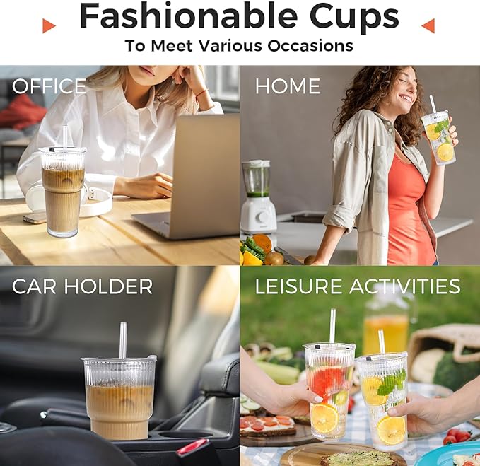 2PCS 20oz Glass Cups with Lids and Straws, Iced Coffee Cups with Lids, Stylish Ribbed Thick Drinking Glasses Tumbler for Juice, Smoothies, Cold Beverages, Cute Cup Gifts with Clean Brush