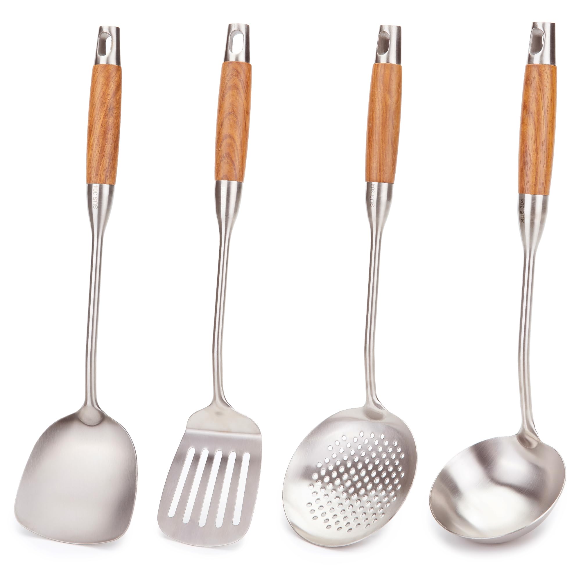 FJNATINH Wok Utensils - Wok Spatula Metal Set, 4-Pieces 14-15 Inch Extra Long, Wok Tools Professional Set, Wooden Handle Skimmer, Soup Ladle, Slotted Turner
