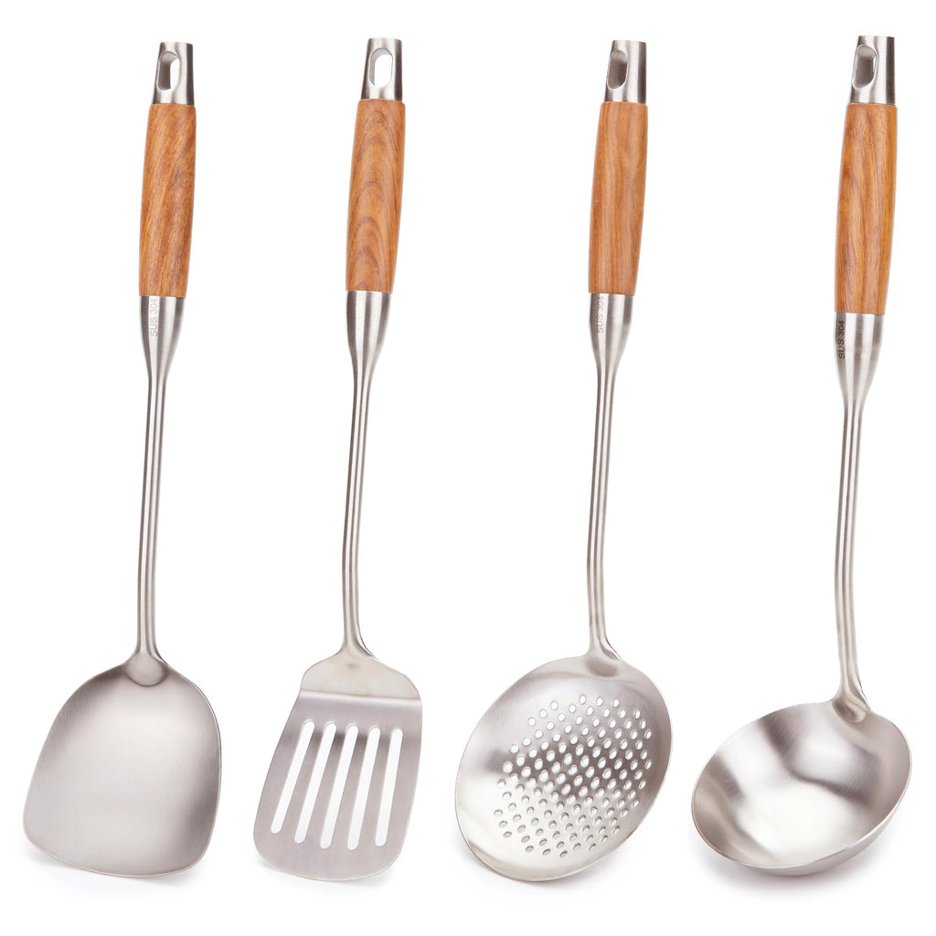 FJNATINH Wok Utensils - Wok Spatula Metal Set, 4-Pieces 14-15 Inch Extra Long, Wok Tools Professional Set, Wooden Handle Skimmer, Soup Ladle, Slotted Turner