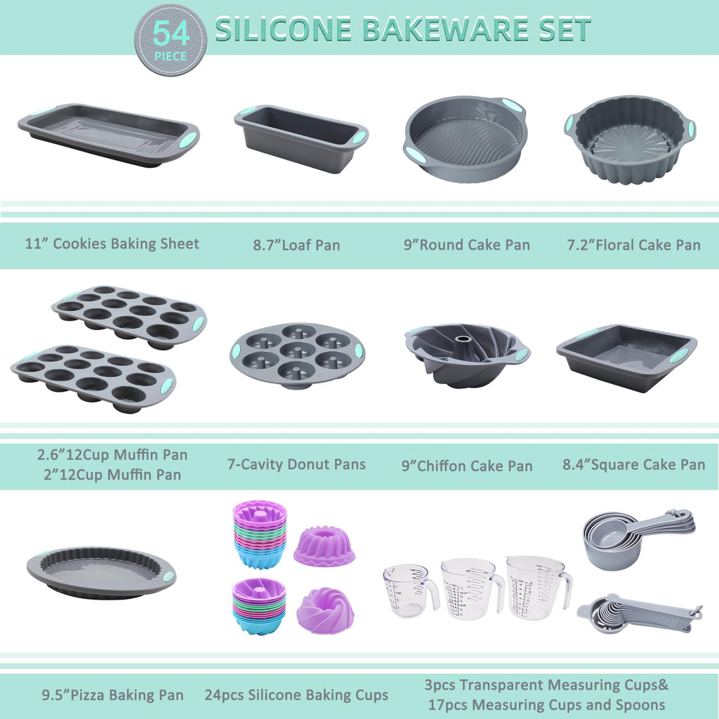 Tongjude 54 Pieces Silicone Baking Pans Set, 10 Silicone Cake Molds, Loaf Pan and Muffin Pans, Non-Stick Baking Cup, with Measuring Cups and Spoons Set, Grey