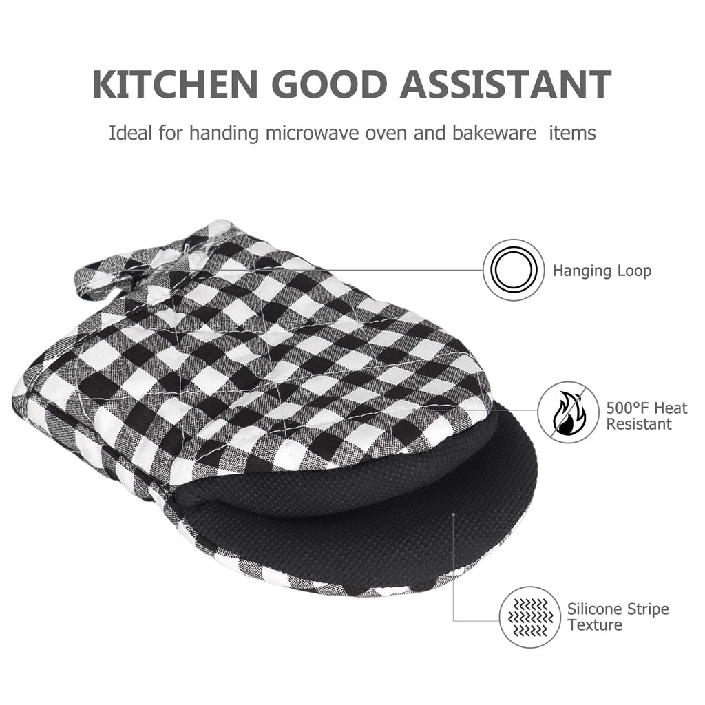 Short Oven Mitts, Heat Resistant 500°F, Silicone Grip Kitchen Gloves, Non-Slip for Baking, Grilling, BBQ, Machine Washable with Hanging Loop, 2-Pack Set, Black and White Plaid