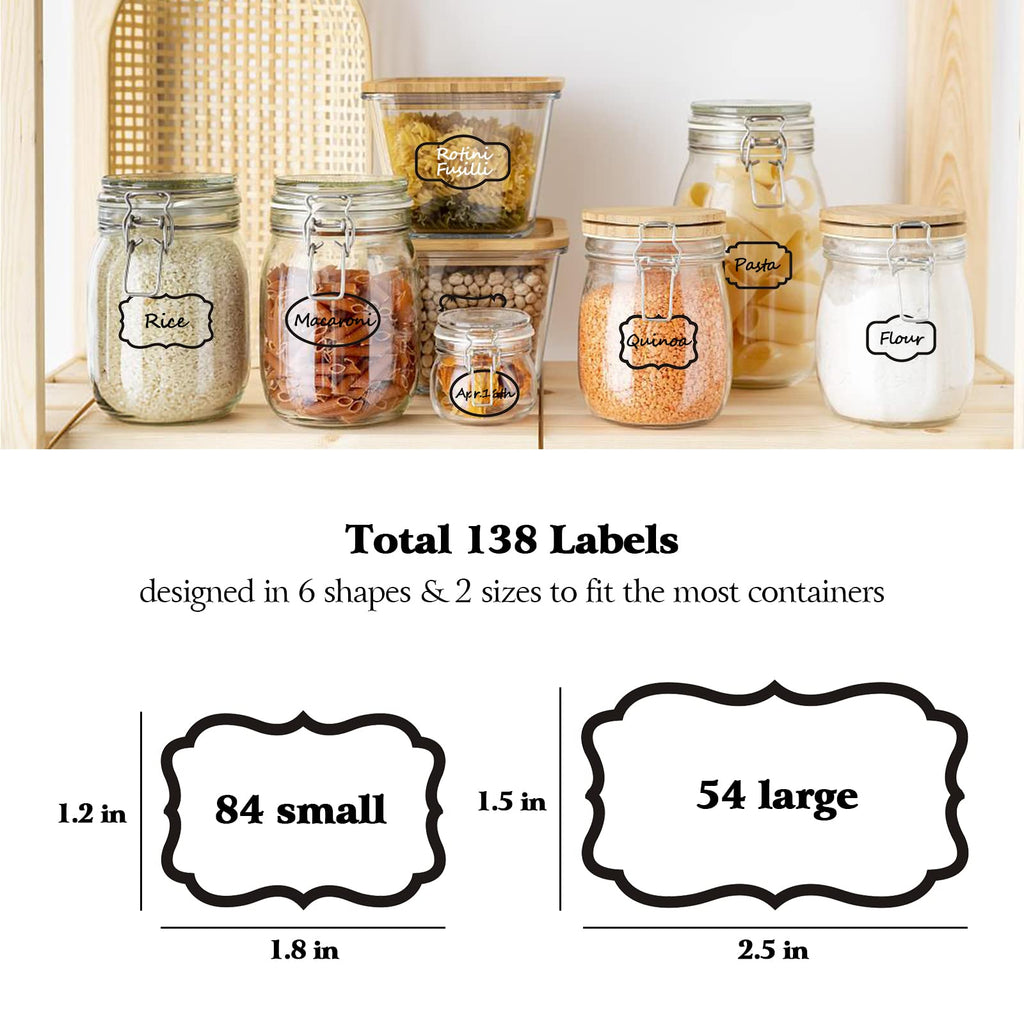Kitchen Pantry Food Containers Clear Labels with Black Border, 138 Waterproof Removable Write-on Sticker Labels Tags to Organize Spice Jars Condiment Flour Sugar Canisters Storage Bins, Free 2 Markers