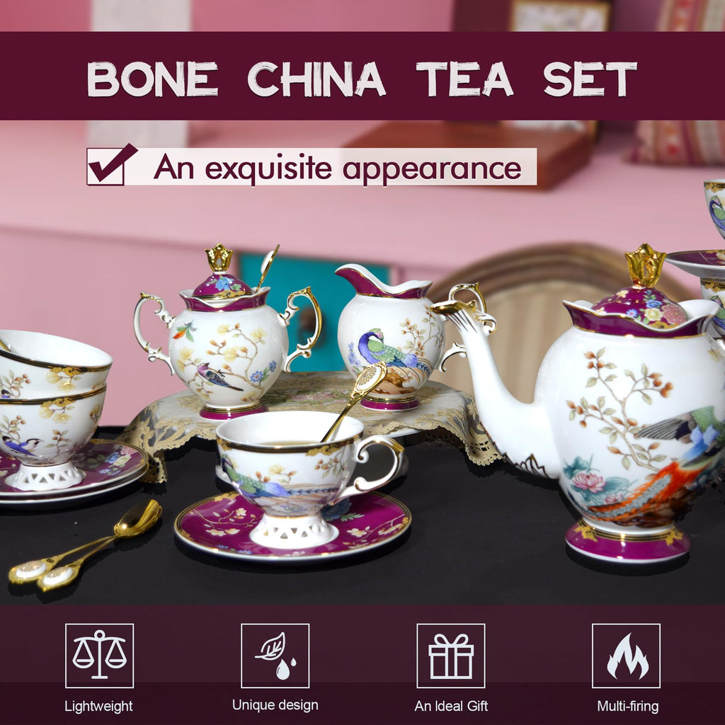 ACMLIFE Bone China Tea Set for Adults with Teapot, Porcelain Tea Party Sets 21-Piece Vintage Floral Fine Bone China Tea Set for 6, 24K Gold English Tea Sets for Women Tea Party for Gifts