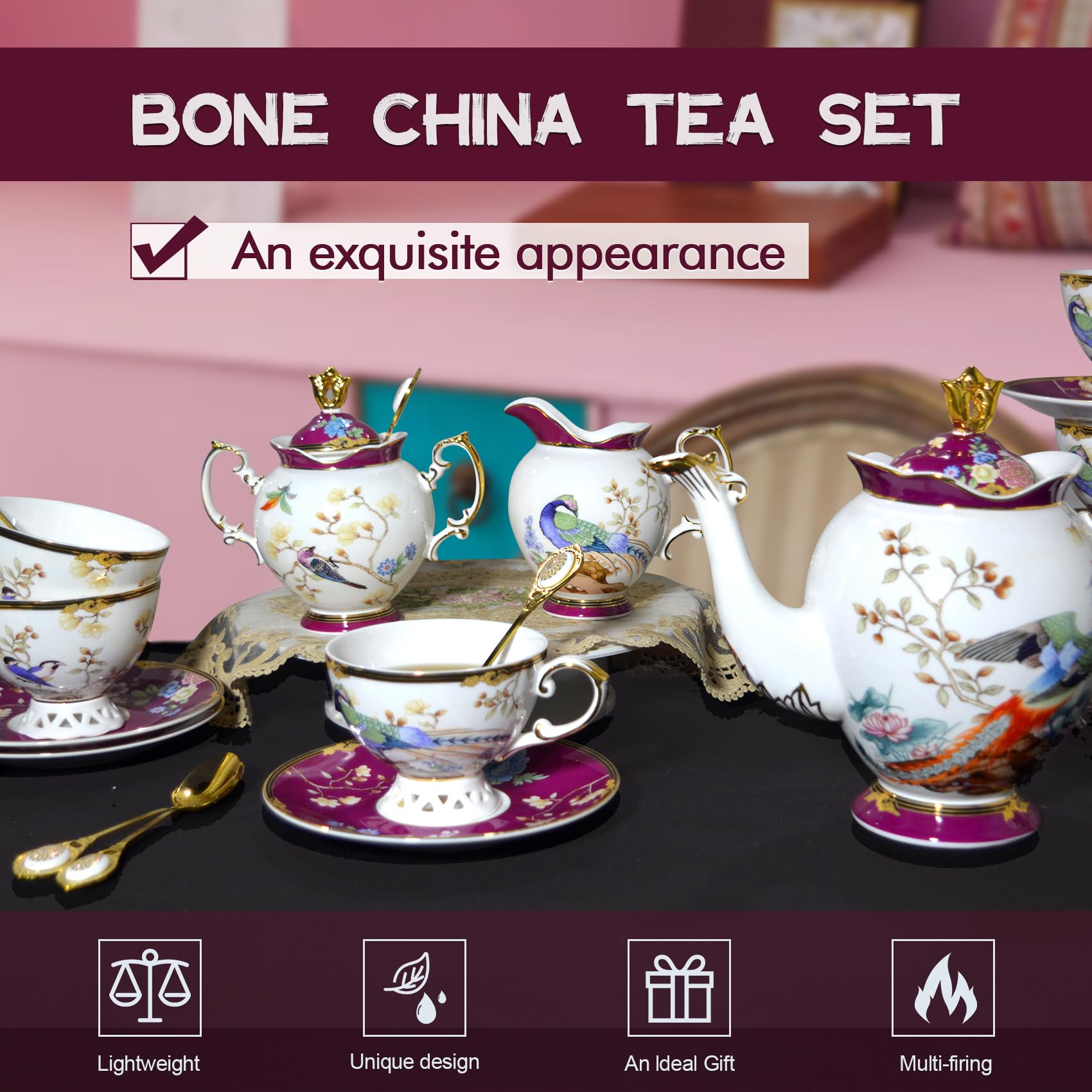 ACMLIFE Bone China Tea Set for Adults with Teapot, Porcelain Tea Party Sets 21-Piece Vintage Floral Fine Bone China Tea Set for 6, 24K Gold English Tea Sets for Women Tea Party for Gifts