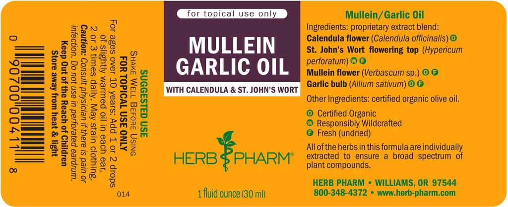 Herb Pharm Mullein Garlic Oil: Infused Oil for Topical External Use with Certified Organic Mullein Extract, Garlic Extract, Calendula & Responsibly Wildcrafted St. John's Wort, 1 oz