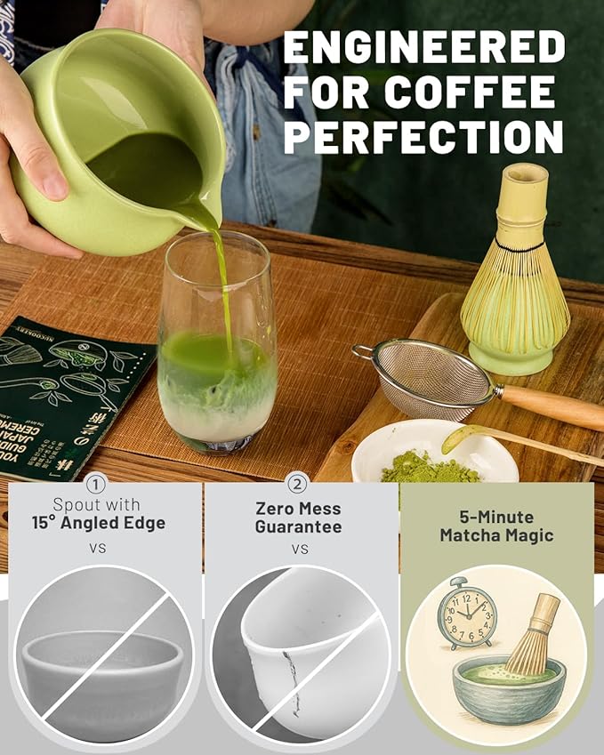 Nucookery Matcha Set - 6 PCS Matcha Whisk Set, 18OZ Matcha Bowl (Chawan) with Spout, Matcha Whisk (Chasen) and Holder, Bamboo Matcha Scoop and Sifter, Matcha Kit/Tools/Accessories for Tea Ceremony