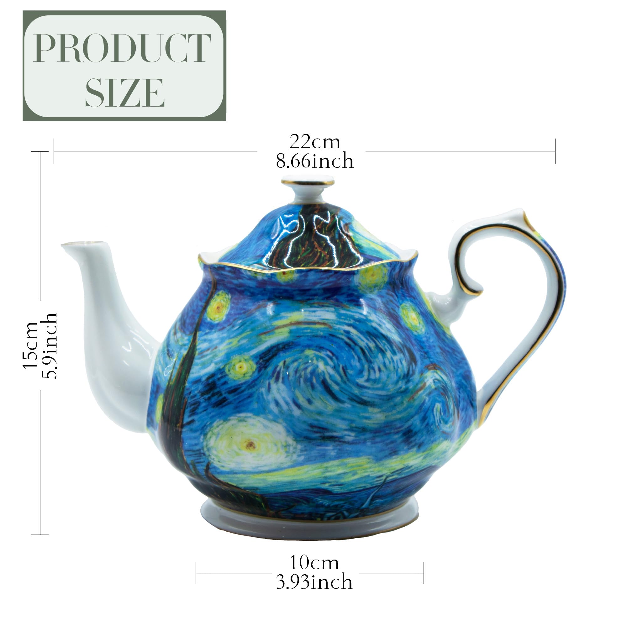 Teapot 30 oz Vangogh Paintings Bone China Loose Tea Pot Floral Design Vintage Ceramic Coffee Water Pot European Style Porcelain (Starry Sky)