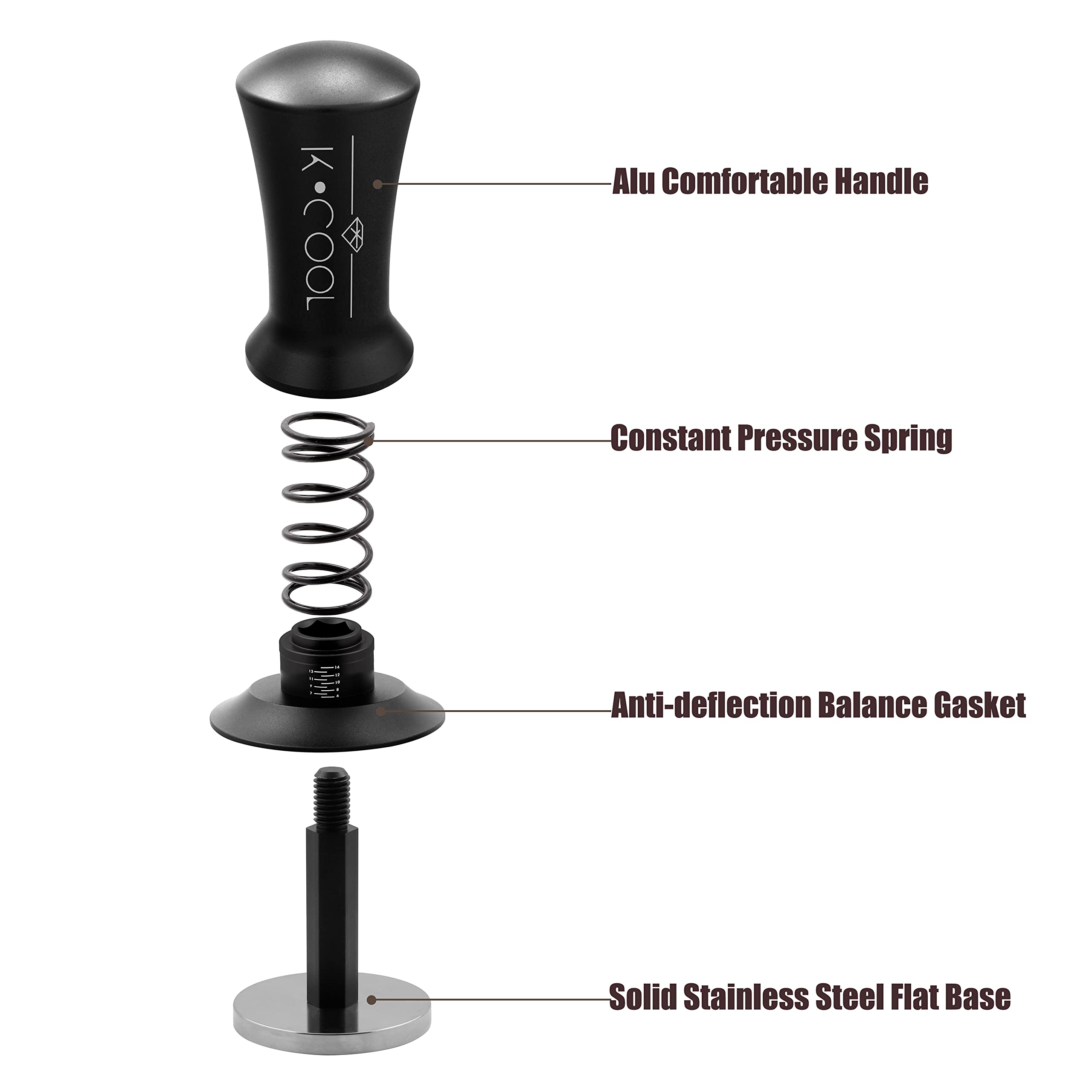 K COOL 51mm Coffee Espresso Tamper, Premium Barista Tools, Calibrated Spring Tamper, 100% Stainless Steel Flat Base Tamper with Scale Mark for Espresso Machine (Black)