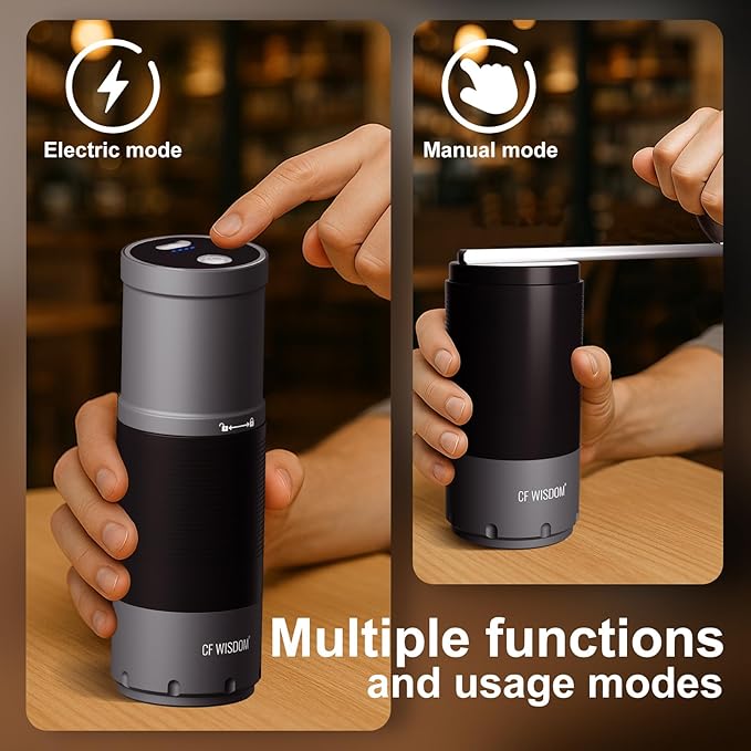 CF WISDOM Portable Conical Burr Coffee Grinder, Dual-Mode Electric & Manual