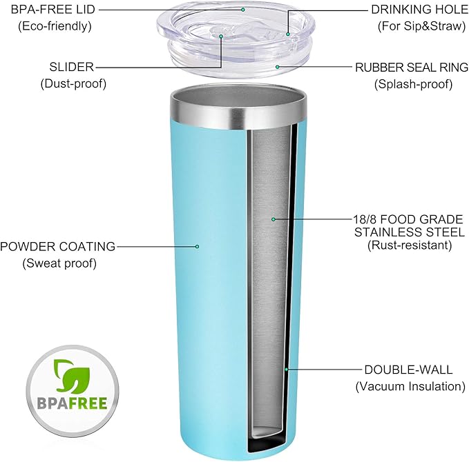 VEGOND Stainless Steel Tumblers Bulk 12 Pack, 20 oz Vacuum Insulated Skinny Tumblers with Lids and Straws, Double Wall Coffee Mug, Travel Water Cup, Blue