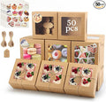 OAMCEG 50 Pack Cookie Boxes with Window, 6x6x3 Inches Brown Bakery Treat Boxes with Stickers & Twine for Pastry, Desserts, Strawberries, Cupcakes, Gift Giving