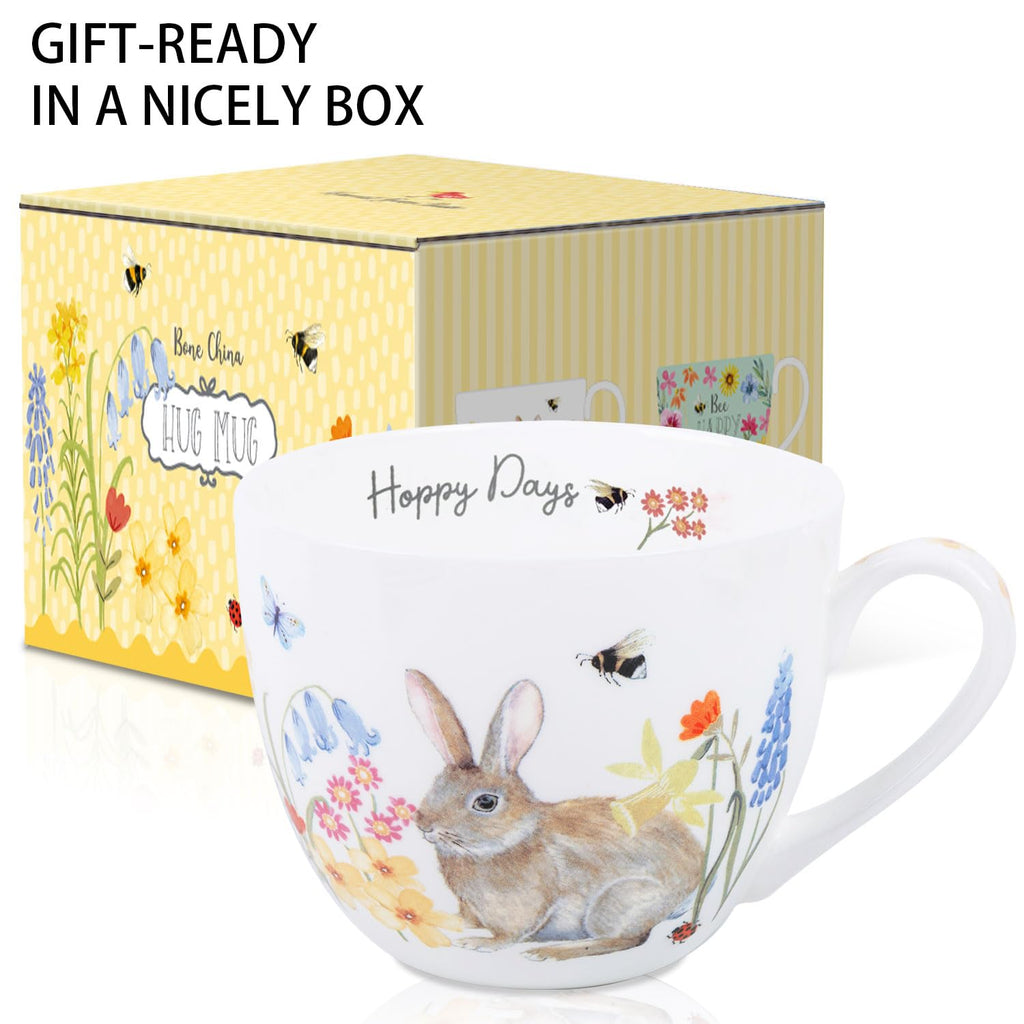 MFoffice 20 oz Bunny Coffee Mug with Spring Flowers & Happy Days Slogan, Premium Bone China Rabbit Coffee Cup, Cute Garden Gift for Women, Family&Friends, Designed in England by Harvest Green Studio