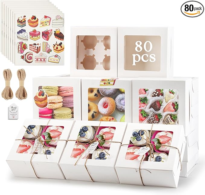 OAMCEG 80 Pack Cookie Boxes with Window 6x6x3 Inches White Cupcake Boxes, Bakery Treat Boxes with Stickers & Twine for Pastry, Desserts, Strawberries, Cupcakes, Gift Giving