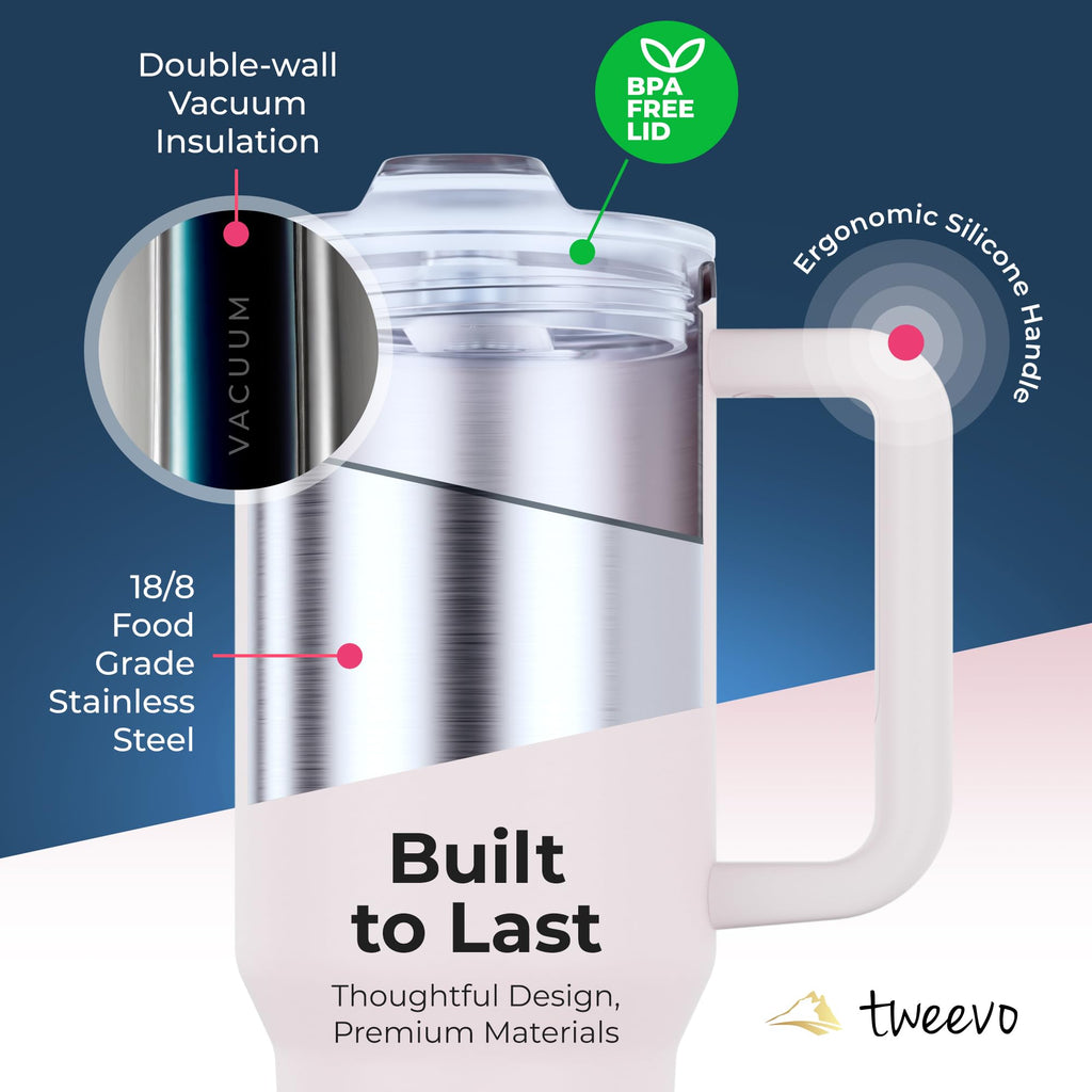 tweevo 40 oz Tumbler With Handle and Straw Made of Stainless Steel - Double Wall Vacuum Insulated Tumbler With Lid - Sweat Proof Easy Grip, BPA-Free, Dishwasher Safe Tumbler (Rose Quartz)